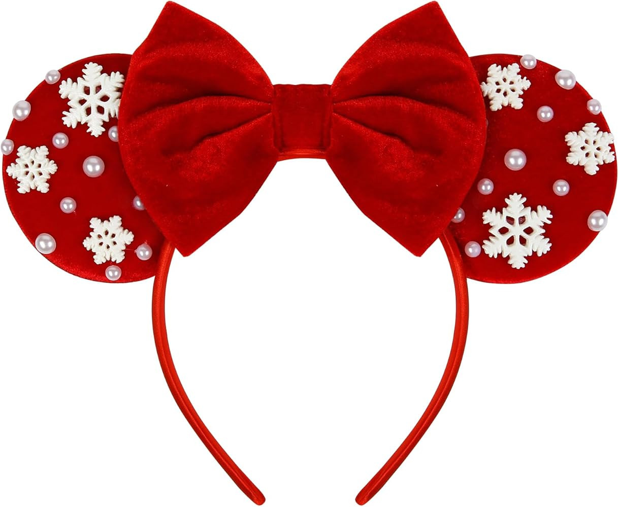 Christmas Mouse Ears Headbands for Women Velvet Mouse ear Headband Pearl Snowflakes Hair Accessor... | Amazon (US)