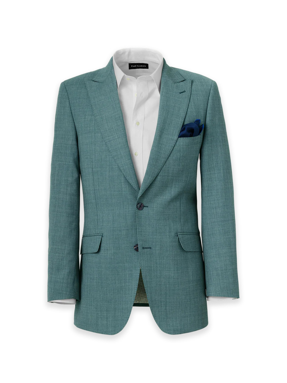 Wool Bengaline Single Breasted Peak Lapel Suit Jacket - Teal | Paul Fredrick MenStyle