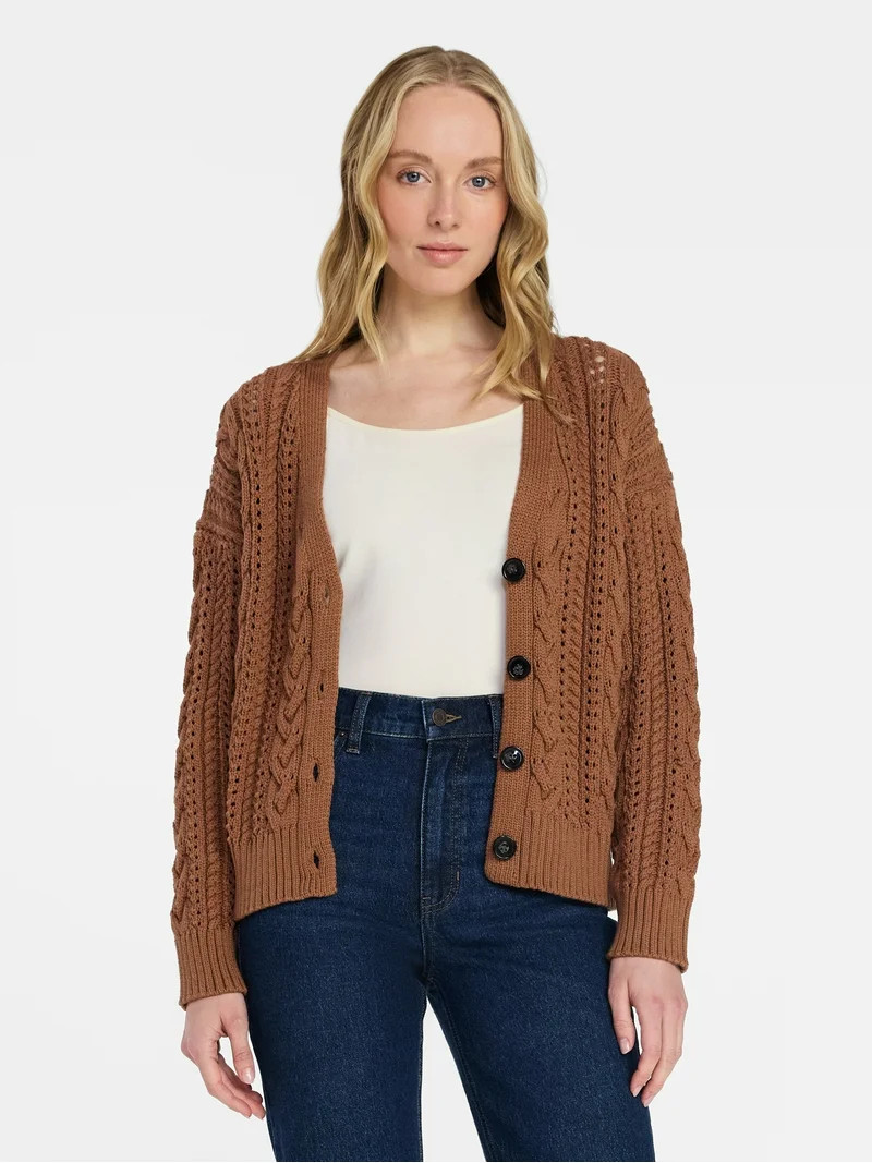 Time and Tru Women's Cable Knit Cardigan Sweater with Long Sleeves, Lightweight, Sizes XS-XXXL | Walmart (US)