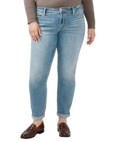 Silver Jeans Co. Women's Plus Size Boyfriend Mid Rise Slim Leg Jeans, Med Wash, 20 Plus | Amazon (US)