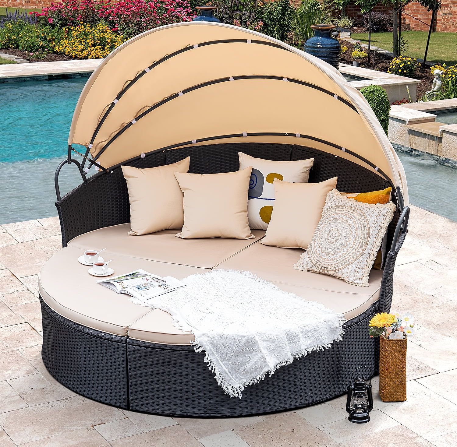 Homall Outdoor Daybed with Retractable Canopy Sectional Rattan Round Bed for Patio, Black & Beige | Walmart (US)