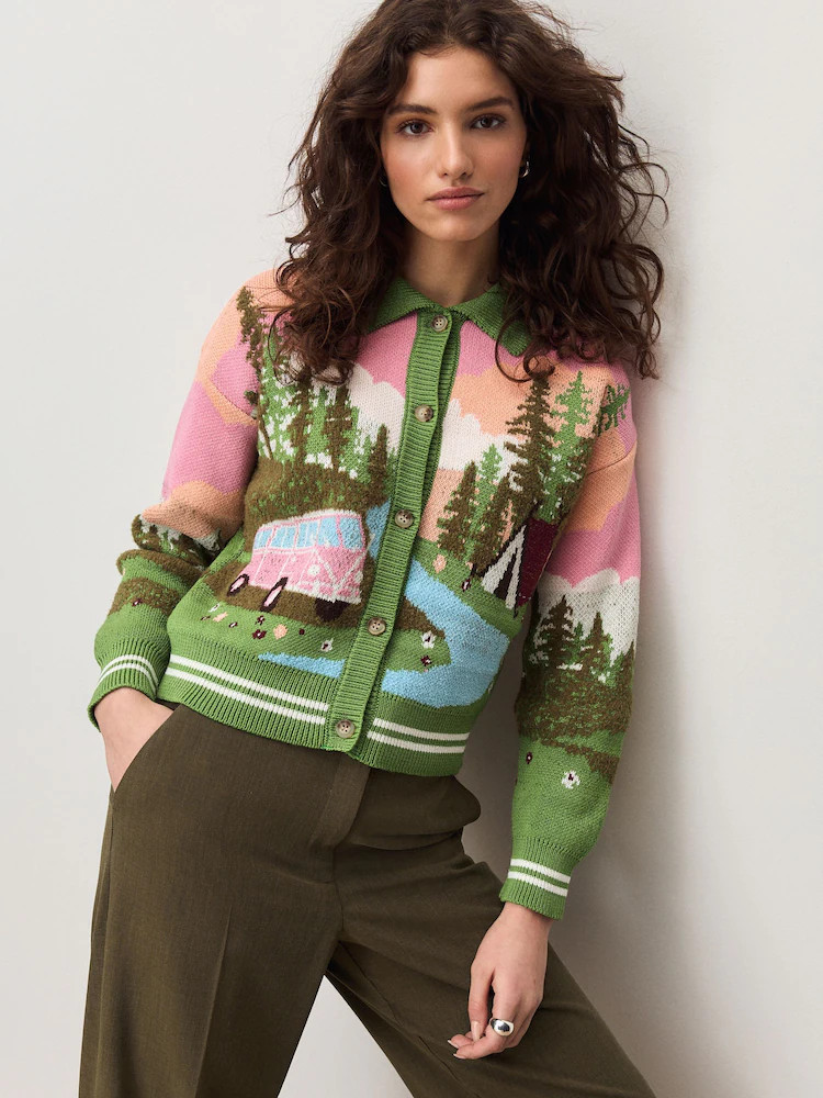 Multi Bright Camper Scene Landscape Collar Cardigan | Next US