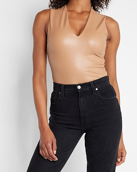 Body Contour Faux Leather V-Neck Thong Bodysuit | Express
