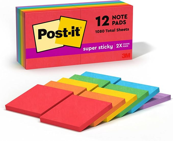 Post-it Super Sticky Notes, 12 Sticky Note Pads, 3 x 3 in., Back to School Supplies for Students,... | Amazon (US)