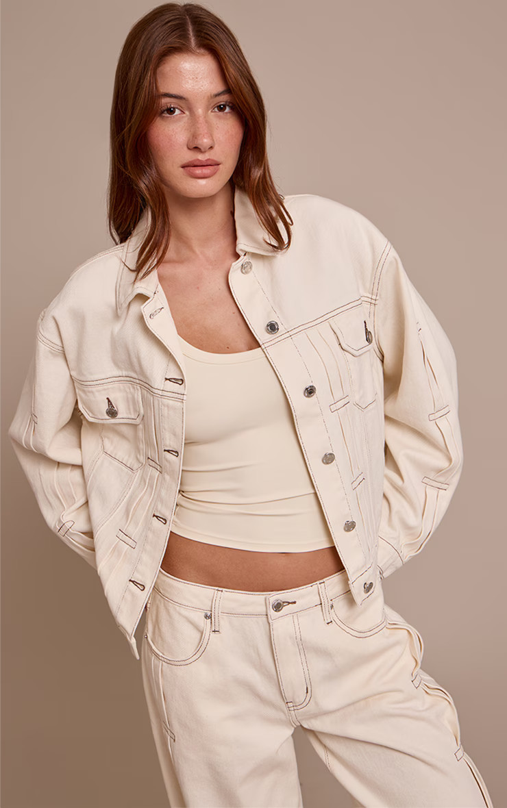 Ecru Pleat Detail Boxy Denim Jacket | PrettyLittleThing UK