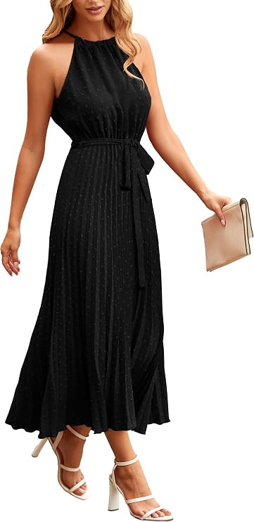 PRETTYGARDEN Women's Summer Casual Long Dress Sleeveless Halter Neck Swiss Dot Pleated Beach Maxi... | Amazon (US)