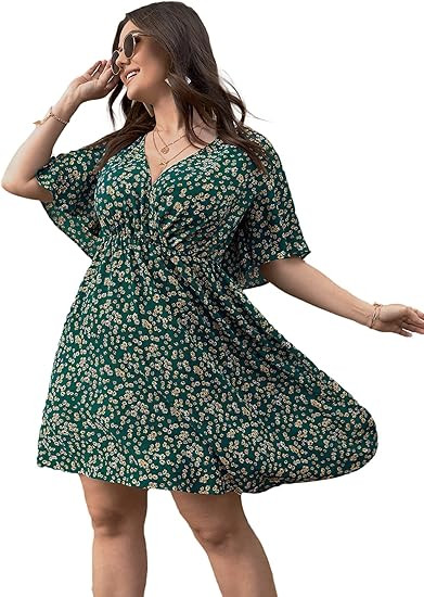Floerns Women's Plus Size Boho Floral Wrap V Neck Short Sleeve A Line Dress | Amazon (US)