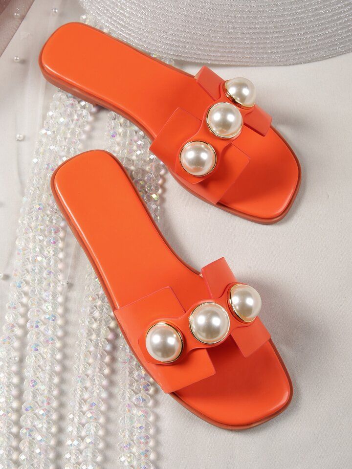 Funky Slide Sandals For Women, Faux Pearl Decor Single Band Flat Sandals | SHEIN