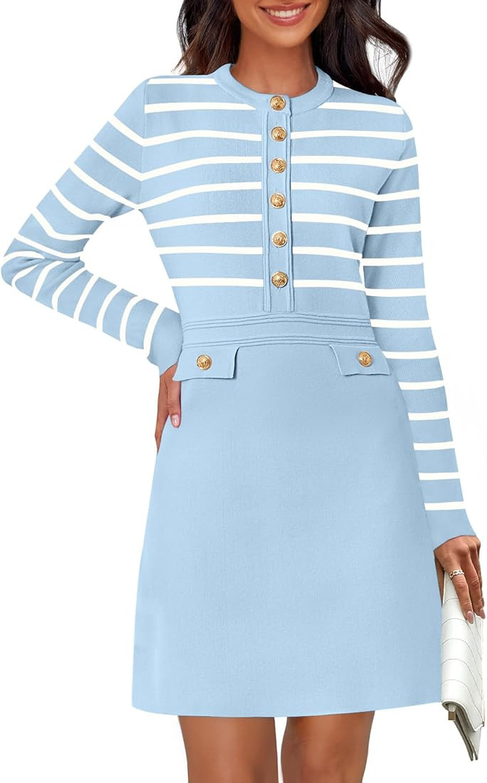 MEROKEETY Women's Long Sleeve Striped Sweater Dress Button Crewneck Fall Bodycon Formal Mini Dres... | Amazon (US)