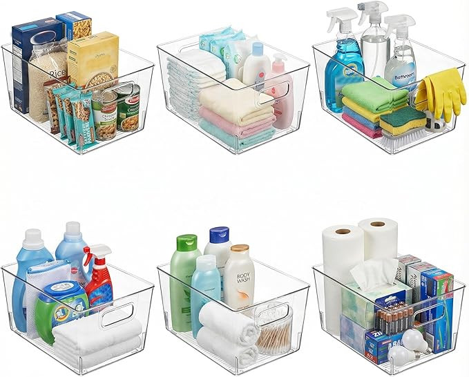 MOONEDGE Large Clear Plastic Storage Bins 6 Pack, 12" x 8" x 6" Durable Organizers for Kitchen, P... | Amazon (US)