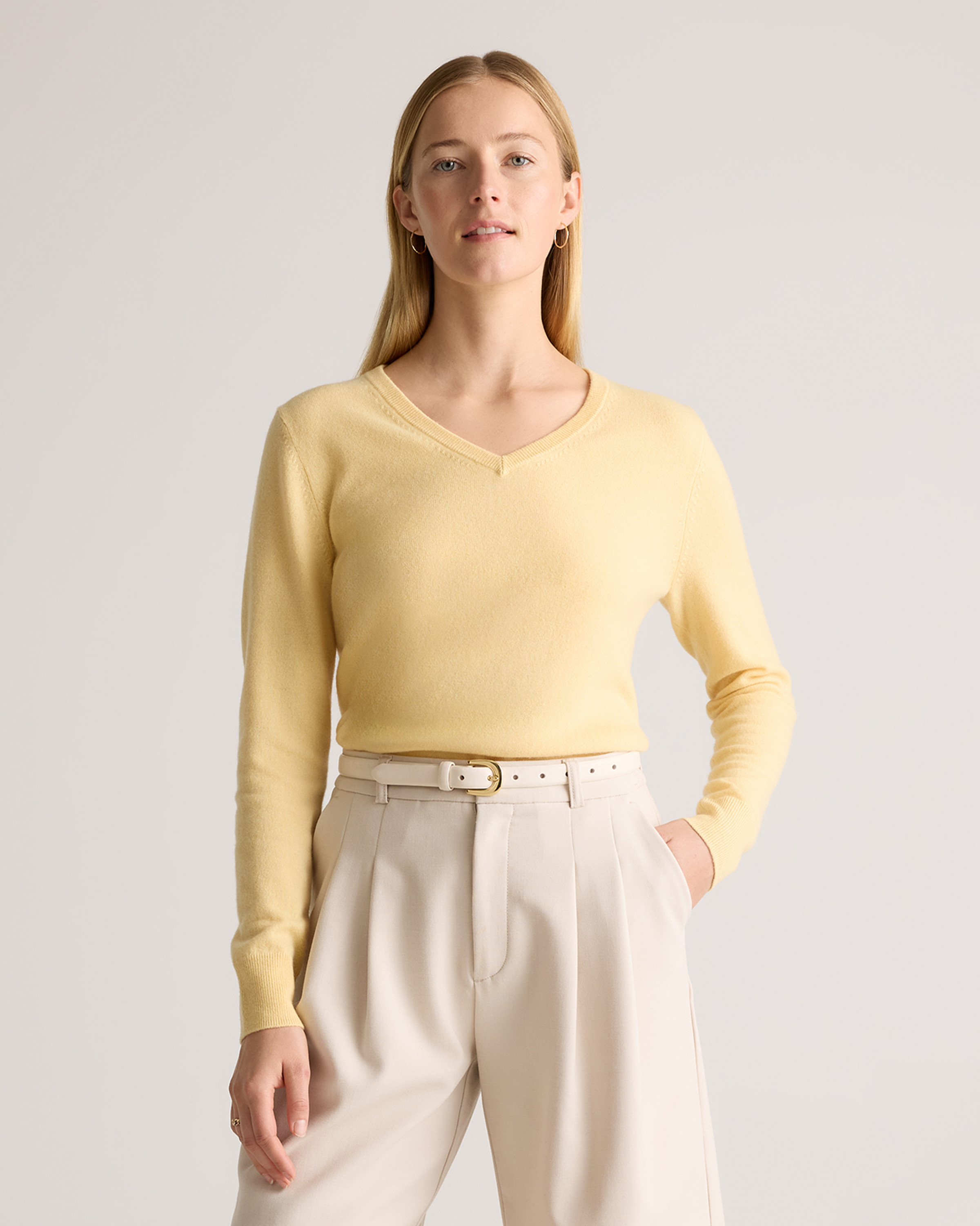 Mongolian Cashmere V-Neck Sweater in Butter Yellow | Quince