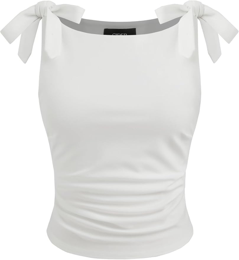 CIDER Crop Tank Tops for Women Bowknot Ruched Solid Scoop Neck Sleeveless Fitted Tops | Amazon (US)