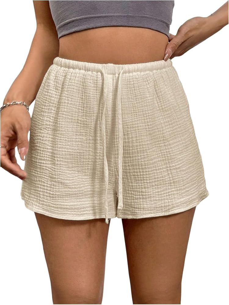 RoseSeek Women's Elastic High Waisted Track Shorts Casual Wide Leg Textured Drawstring Mini Short... | Amazon (US)