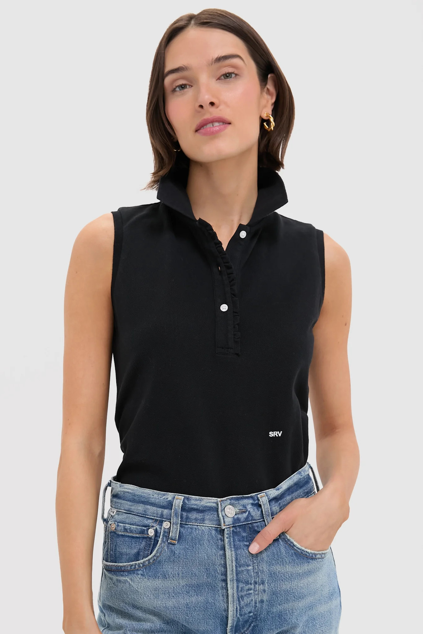 Black Pique Sleeveless Ruffle Margaret Polo | Tuckernuck (US)
