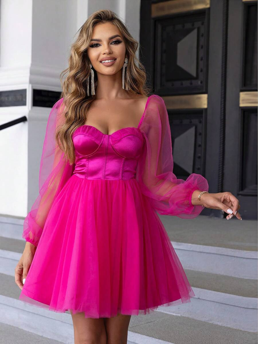 Joyfunear Sweetheart Neck Lantern Sleeve Mesh Overlay Dress Elegant Spring | SHEIN
