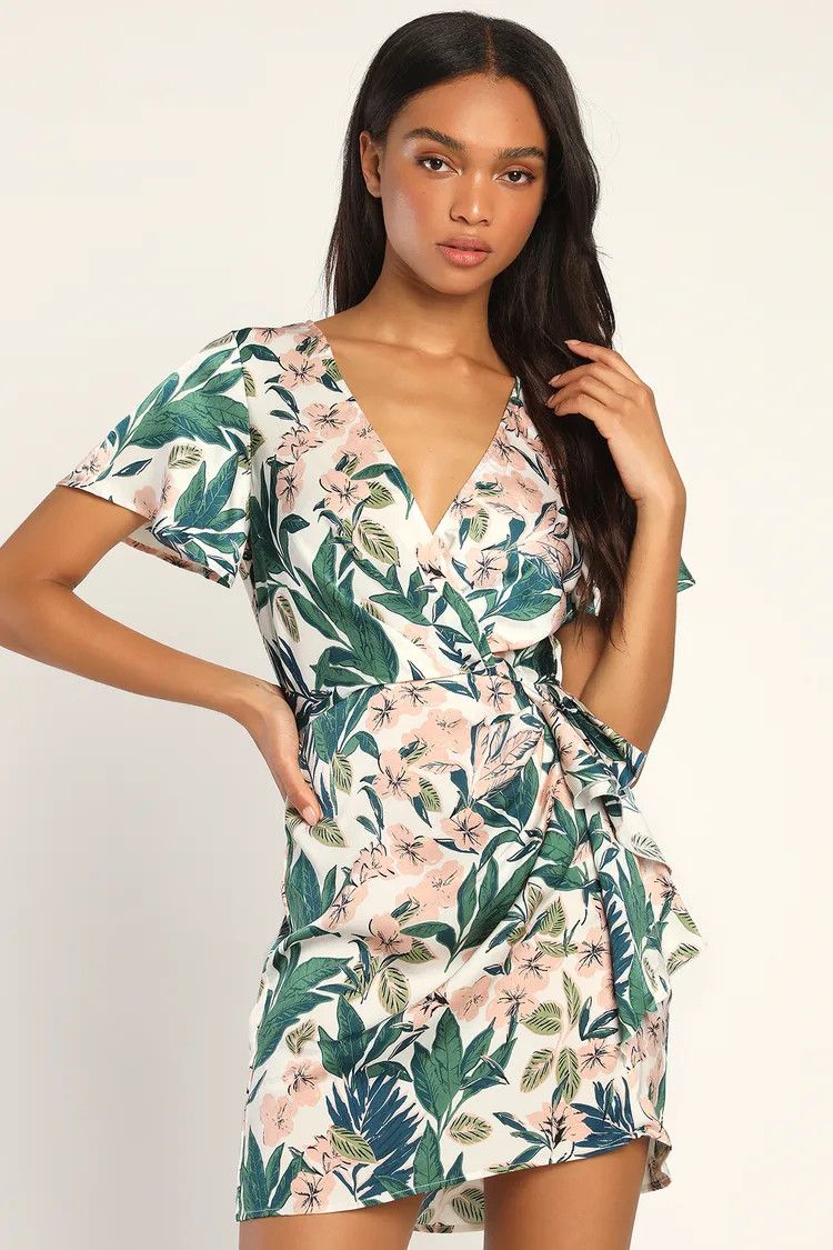 Lush Loving White Tropical Floral Flutter Sleeve Mini Dress | Beach Dress Outfits | Beach Vacation | Lulus (US)