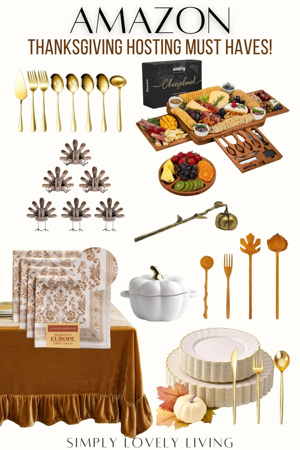 Amazon Thanksgiving hosting must haves! Thanksgiving table setting. Charcuterie board set. Wooden leaf spoons. Pretty plastic plates. Plastic gold silverware. Mini pumpkin dish. Turkey candle holders. Gold serving spoons and forks. Floral napkins. Fall napkins. Thanksgiving napkins. Velvet tablecloth. Pumpkin snuffer. #Thanksgiving 

#LTKHoliday #LTKSeasonal #LTKHome