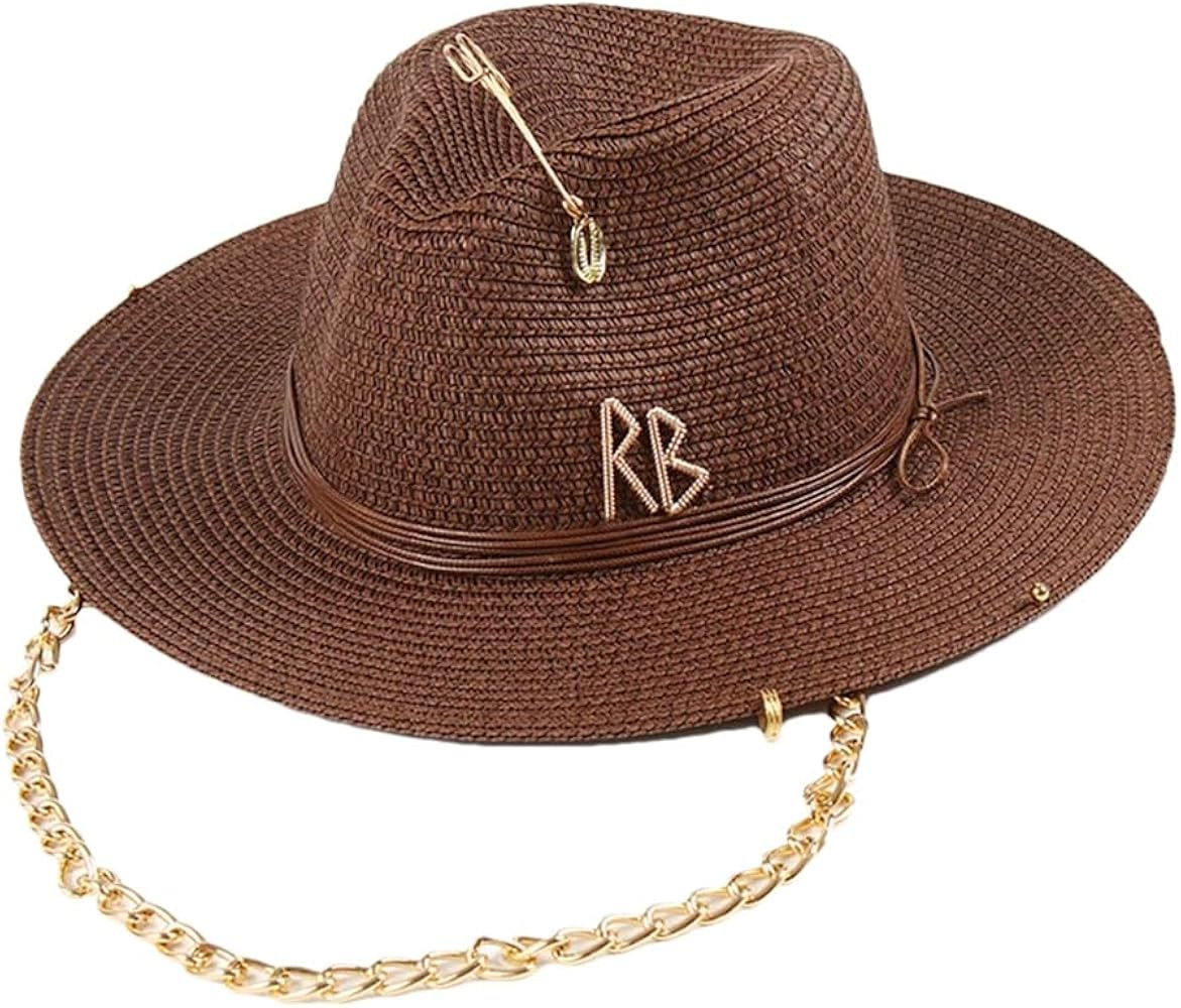 Women Summer Luxury Chain Straw Fedora Hats Wide Brim Beach Hats Protection Foldable Sun Hats | Amazon (US)