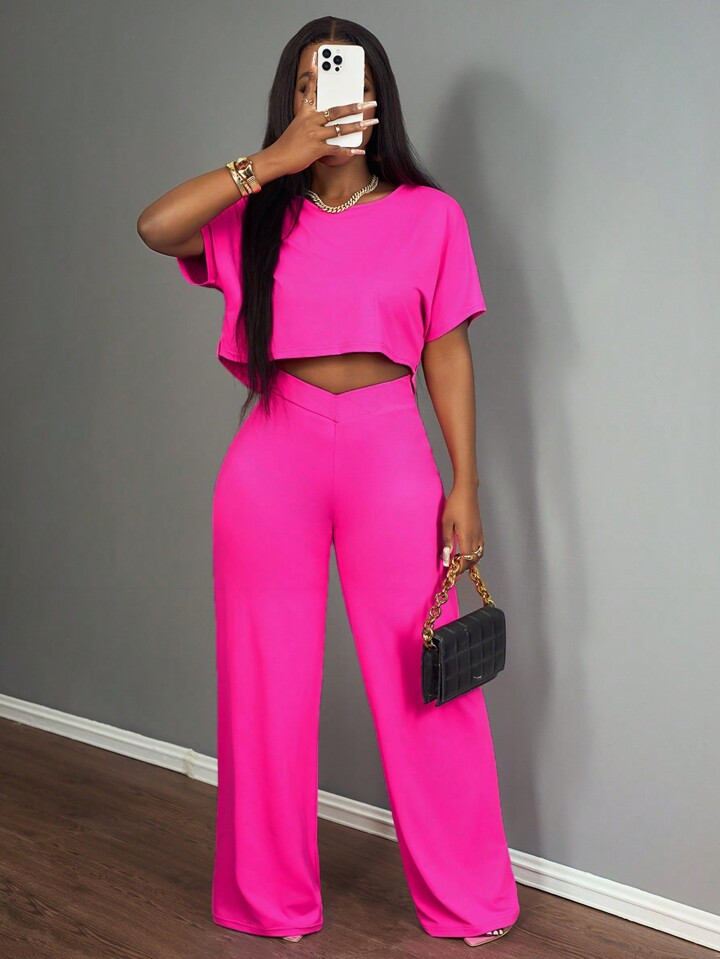 Slaydiva Nieuwe Lente En Zomer Casual Basic Eenvoudig Ronde Hals Raglan Mouwen Korte Mouwen Korte Voorkant En Lange Achterkant Losse T-Shirt + Wijde Pijpen Super Lange Broek Rozenrode Gebreide Stof Dames Tweedelige Set-A | SHEIN