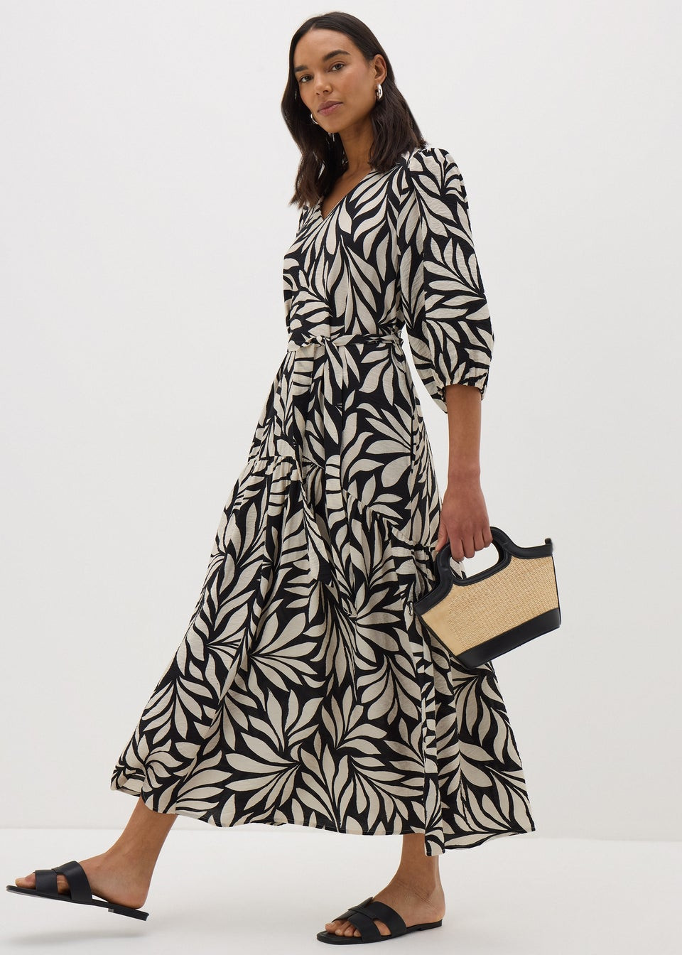 Et Vous Black Monochrome Palm Tie Waist Maxi Dress | Matalan (UK)