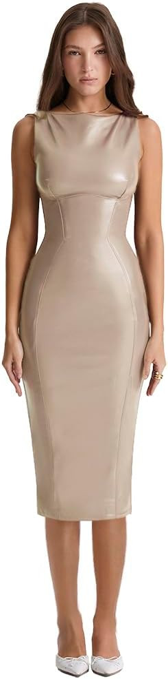 XLLAIS Sleeveless PU Sheath Dress Faux Leather Bodycon Midi Pencil Dress | Amazon (US)