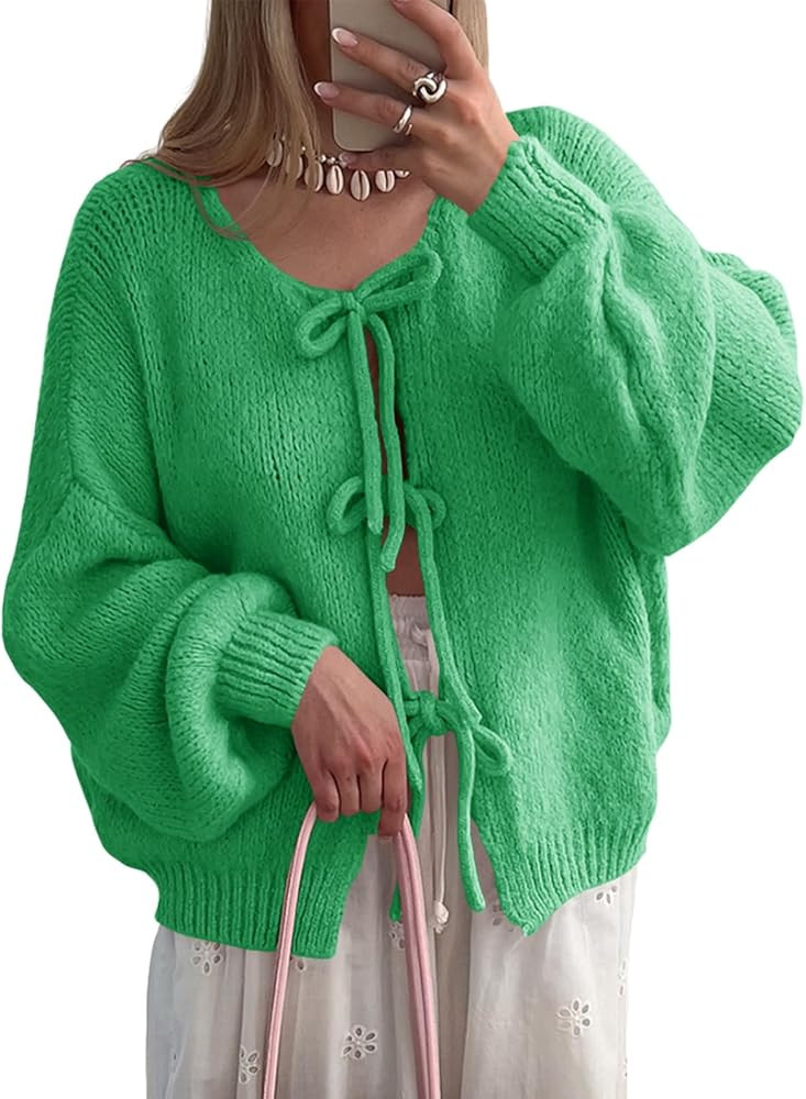 Saodimallsu Womens Tie Front Cardigan Sweaters Cute Bow Puff Long Sleeve 2025 Fall Loose Ribbed K... | Amazon (US)