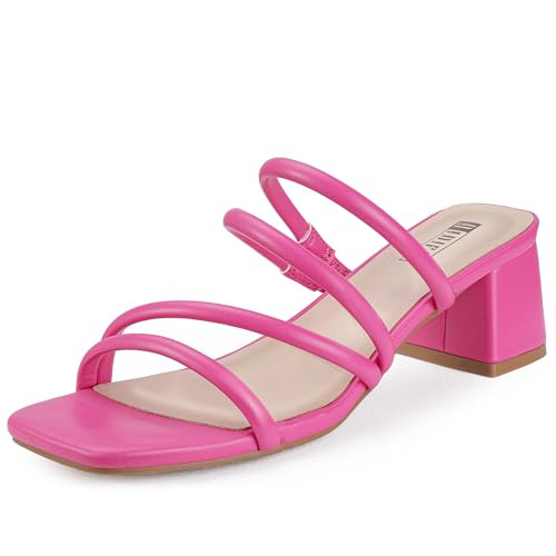 IDIFU Hot Pink Strappy Heels for Women Low Chunky Block Square Toe Slip on Heels Party Prom Dress Shoes for Women Comfortable Slide Mules Heeled Sandals Open Toe Thick Heels(Hot Pink Pu, 8.5 M US) | Amazon (US)