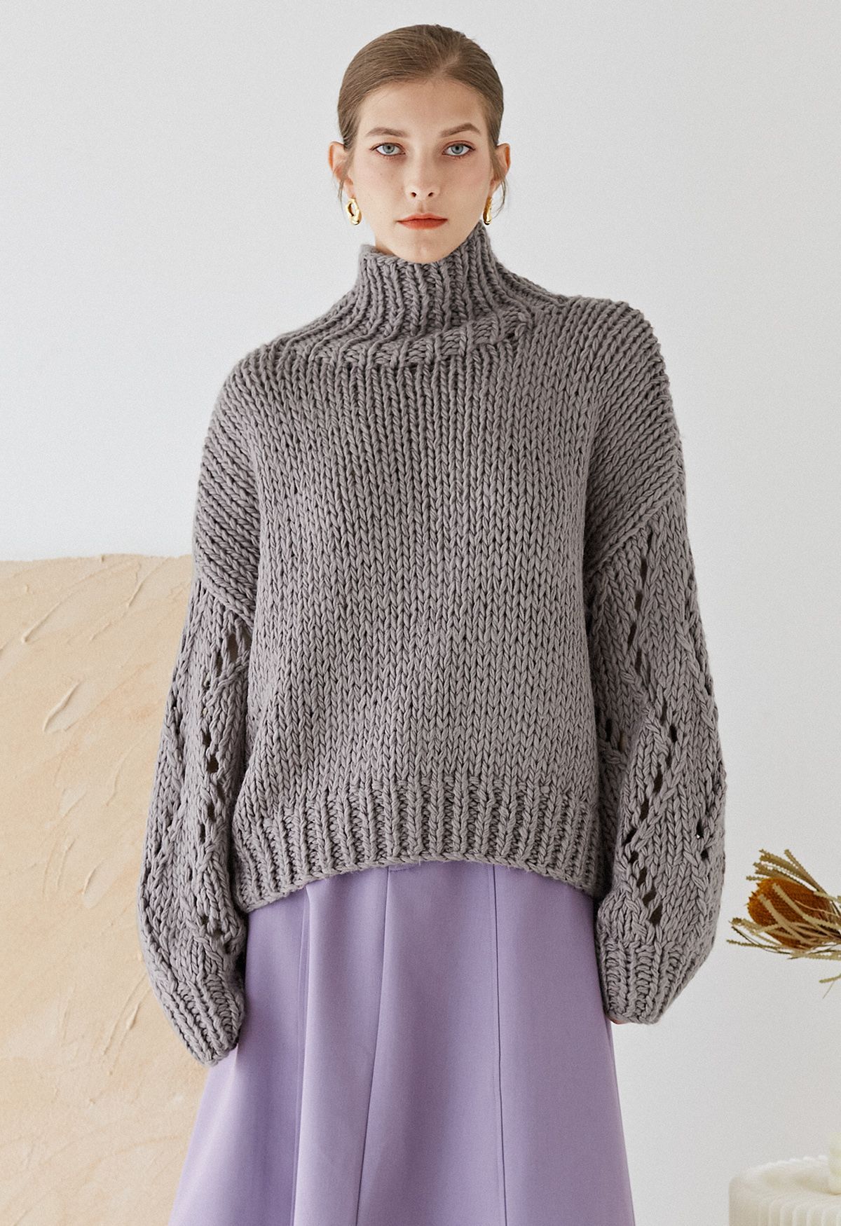 Pointelle Sleeve High Neck Hand-Knit Sweater in Dusty Purple | Chicwish