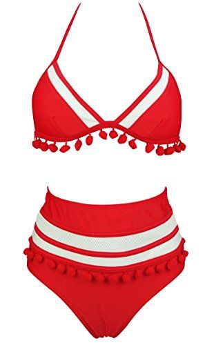 COCOSHIP Red & White Mesh Striped High Waist Bikini Set Tassel Trim Top Halter Straps Swimsuit Bathi | Amazon (US)