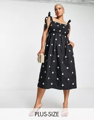 Never Fully Dressed Plus tie shoulder daisy embroidered maxi dress in black | ASOS (Global)