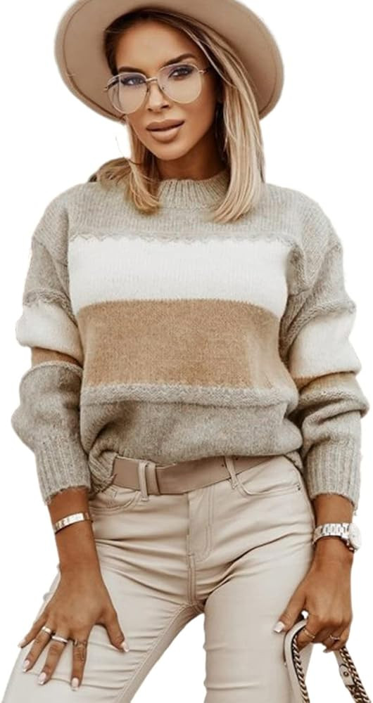 Women Casual Crew Neck Sweaters Long Sleeve Striped Color Block Loose Comfy Knit Pullover Chunky ... | Amazon (US)