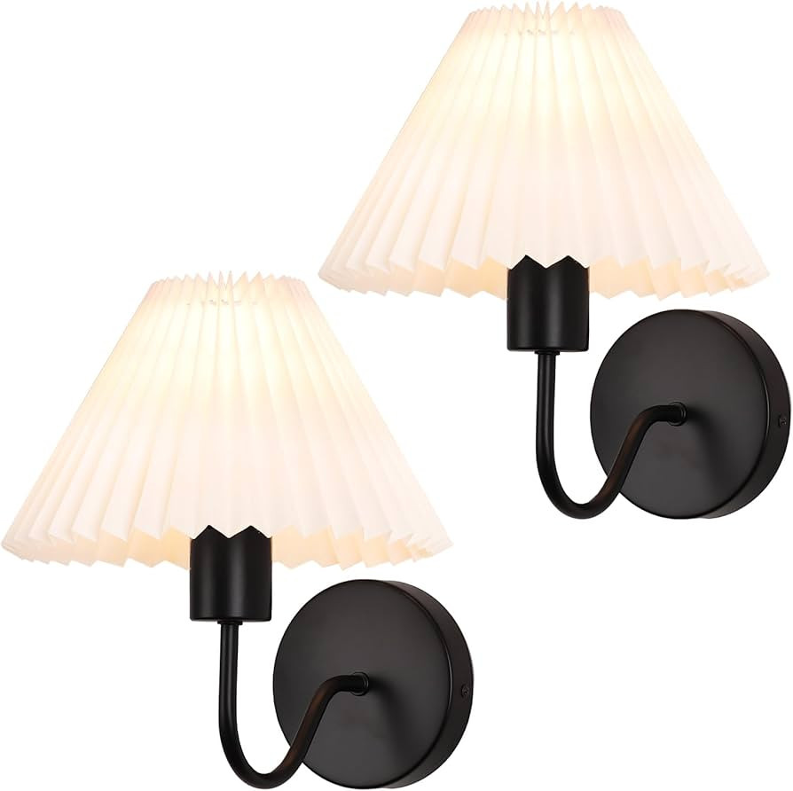 Black Wall Sconces Sets of 2, White Pleated Fabric lampshade, Indoor Gooseneck Wall Lamp Lighting... | Amazon (US)