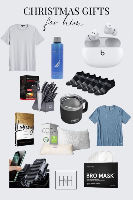 Christmas gifts for Him, Vuori tech tee, men’s t-shirt, Nautica Deoderizinh body spray, men’s multi-pack comfort fit no show socks, coop memory foam pillow, premium kitchen knife set with block, car phone holder, hands free phone holder, Beats noise canceling ear buds, YETI rambler insulated mug with lid, under eye cooling gel patches.
Amazon Gift Guide. #LTKFind

#LTKGiftGuide #LTKHoliday #LTKmens