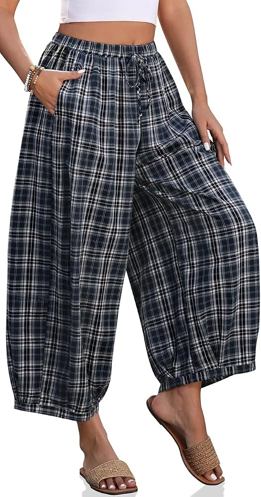 TARSE Women's Plaid Cotton Linen Wide Leg Pants with Pockets | Amazon (US)
