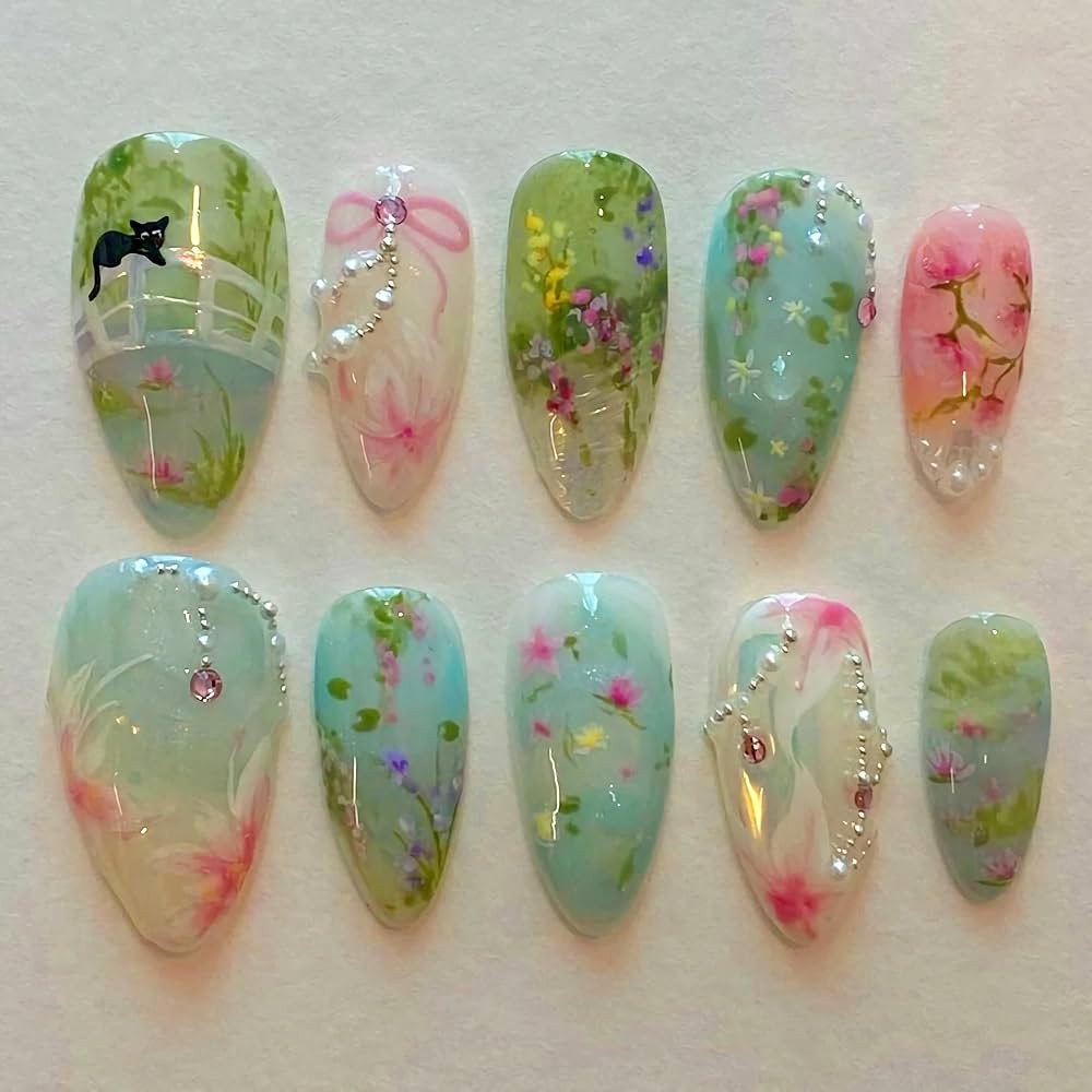 BABALAL Almond Press on Nails Medium Blue Green Fake Nails Bow Glue on Nails Cute Cat Flower Desi... | Amazon (US)