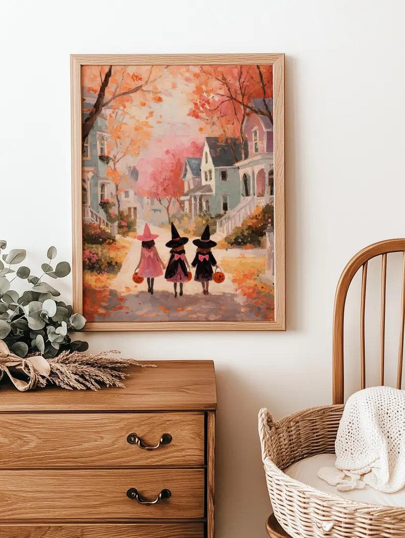 Three Witches Halloween Art Print | Trick or Treat Wall Decor | Spooky Cute Kids Painting | Vinta... | Etsy (Global)