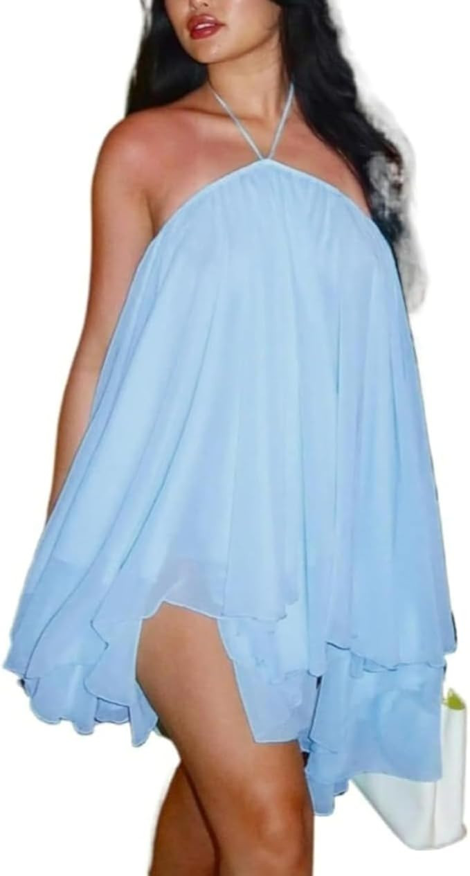 Halter Dress Layered Flowy Sheer Oversized Backless Sleeveless Elegant Sexy Casual Streetwear Dre... | Amazon (US)