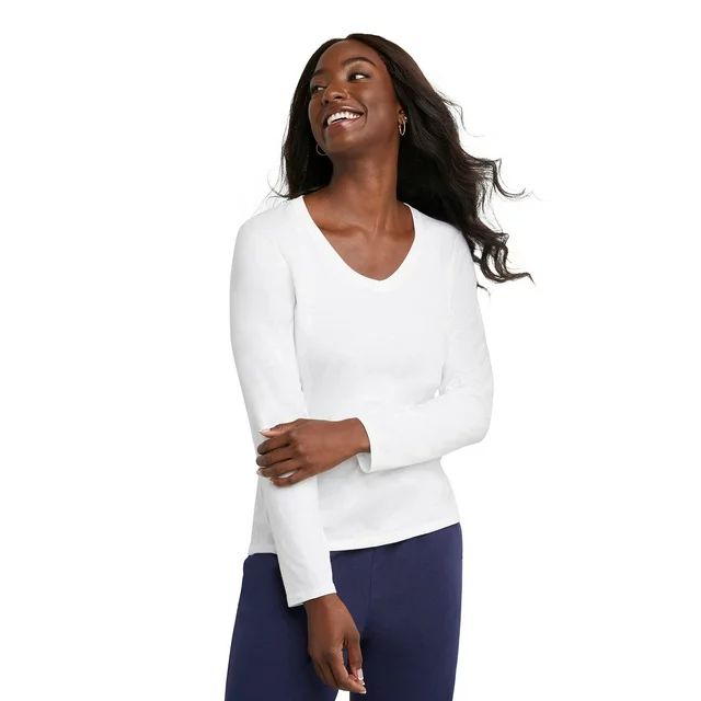 Hanes Originals Women's Cotton V-Neck Tee with Long Sleeves, Sizes XS-XXL | Walmart (US)