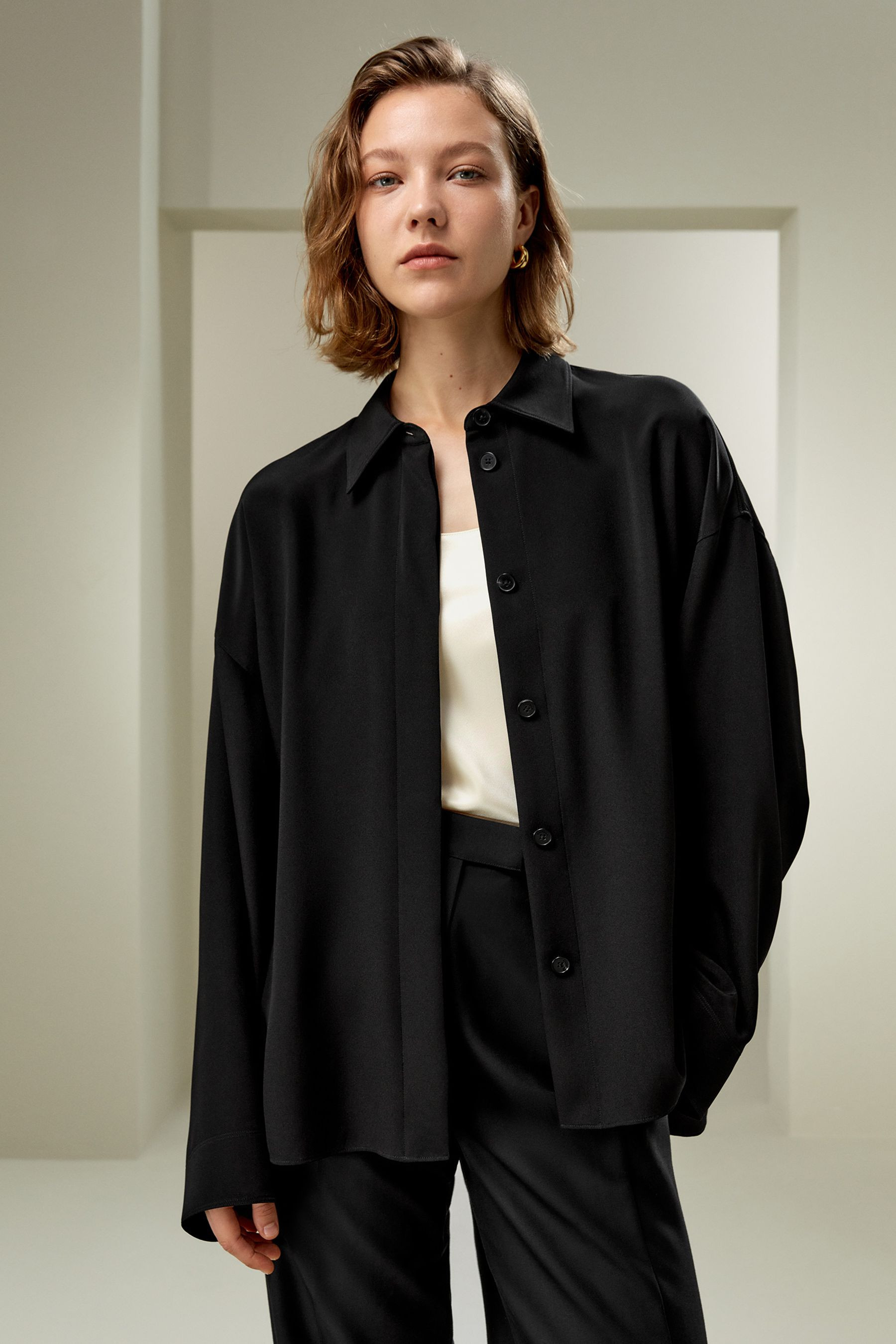 Relaxed Fit Drape Oversized Silk Shirt | LilySilk