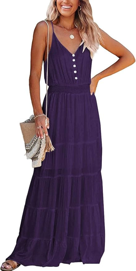 PRETTYGARDEN Women's Causal Summer Dress Spaghetti Strap Sleeveless High Waist Beach Long Maxi Dr... | Amazon (US)