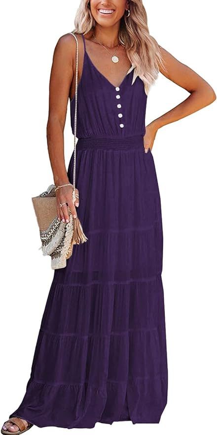 PRETTYGARDEN Women's Causal Summer Dress Spaghetti Strap Sleeveless High Waist Beach Long Maxi Dr... | Amazon (US)