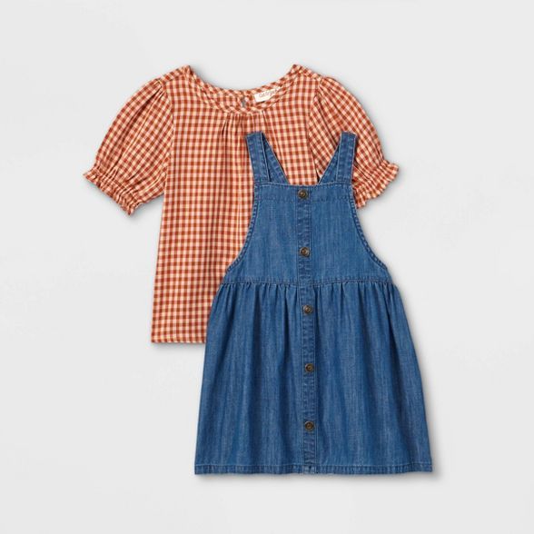 Toddler Girls' Plaid Top & Chambray Skirtall Set - Cat & Jack™ Orange/Blue | Target