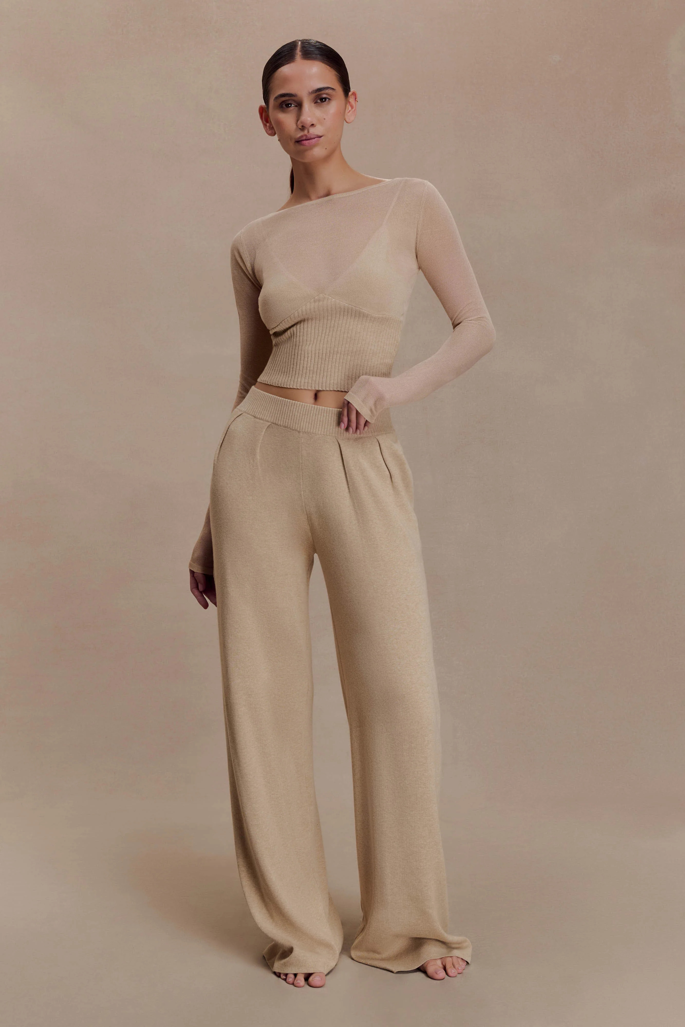 Frannie Gathered Silk Blend Knit Pants - Sand | Meshki UK