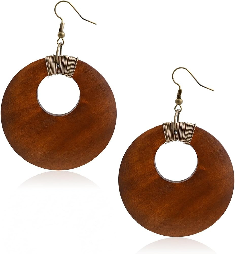 Big Wooden Earrings for Women Brown Boho Dangle Earrings Lightweight Vintage Bronze Wood Earrings... | Amazon (US)