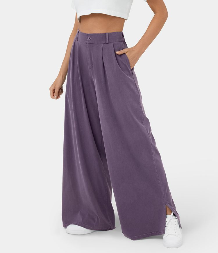 Women’s  High Waisted Button Zipper Plicated Side Pocket Split Hem Wide Leg Casual Pants - Hala... | HALARA