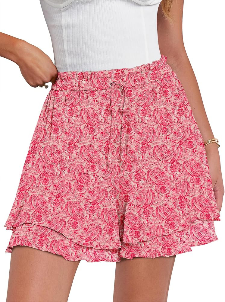 Caracilia Skorts for Women Boho Casual Beach Mini Skirts Summer Floral Ruffle Chiffon Flowy Short... | Amazon (US)