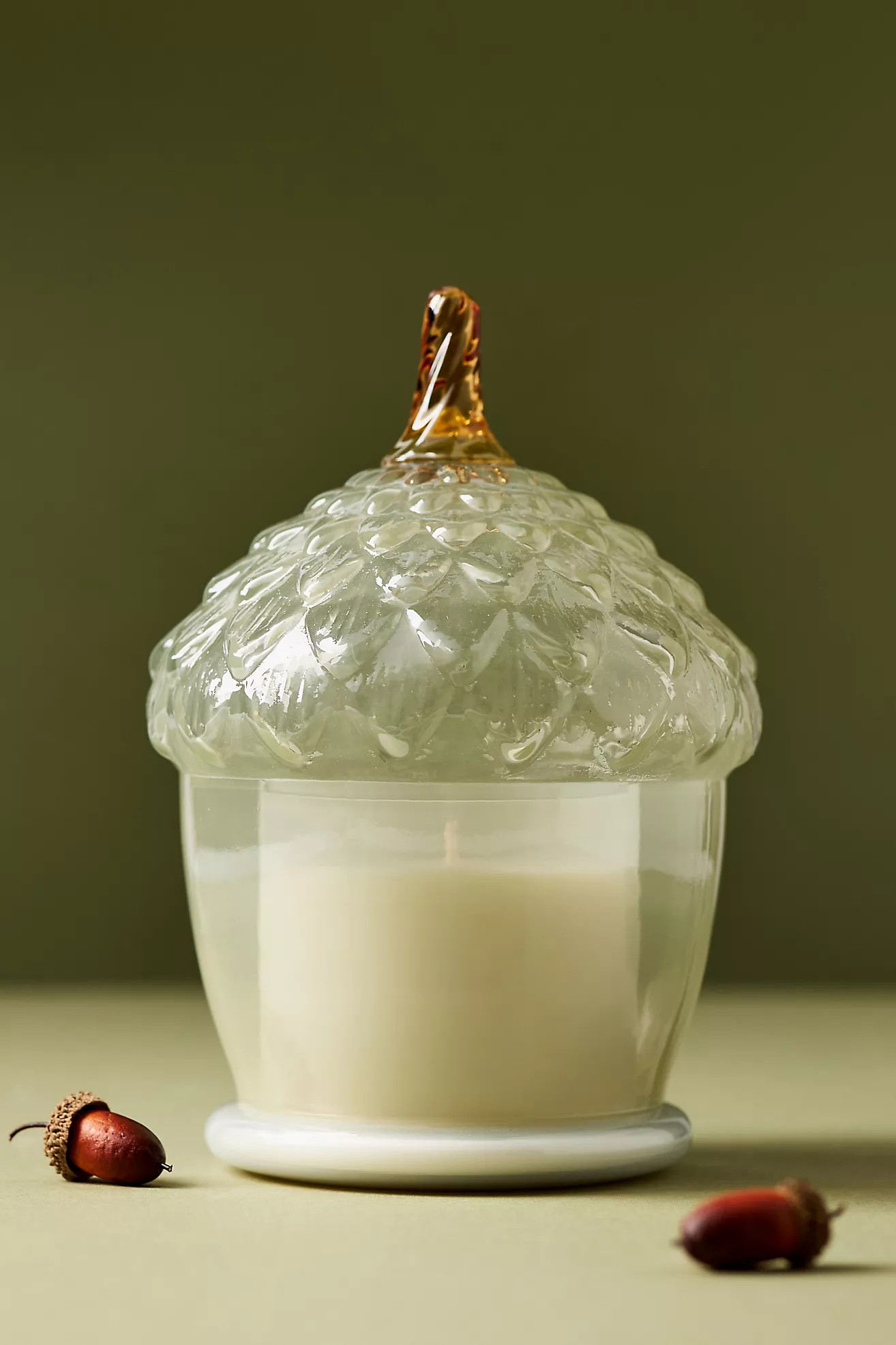 Woody Leather & Leaves Glass Acorn Cloche Candle | Anthropologie (US)