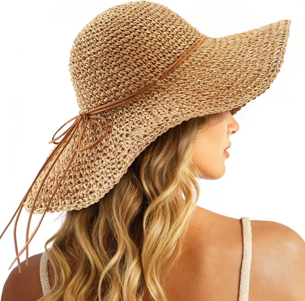 Beach Sun Straw Hats for Women, Floppy Wide Brim Summer Straw Hats, Foldable Packable Roll up Cap | Amazon (US)
