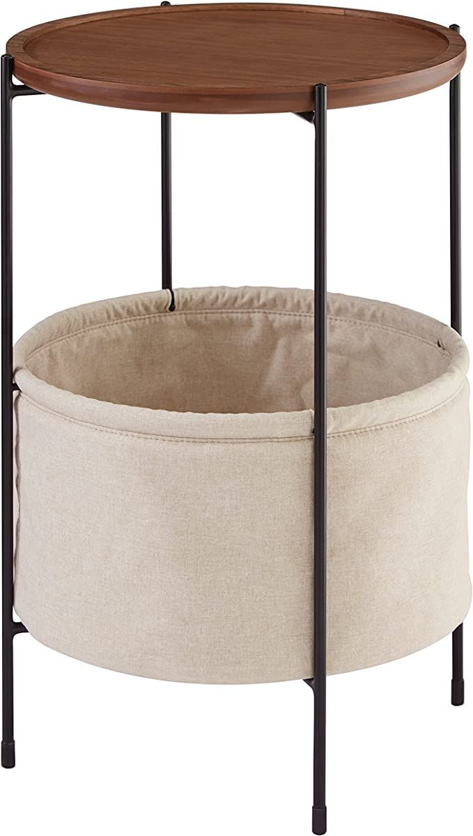 Amazon Brand – Rivet Meeks Round Side Table with Fabric Storage Basket, 24"H, Walnut and Cream | Amazon (US)