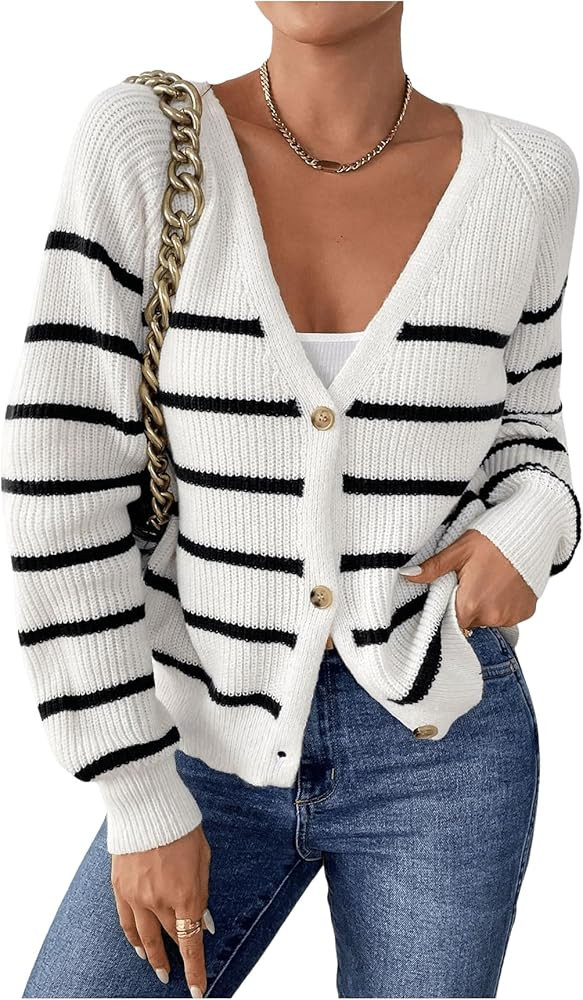 Verdusa Women's Striped Casual Cardigan Sweaters V Neck Button Down Long Sleeve Open Front Ribbed... | Amazon (US)